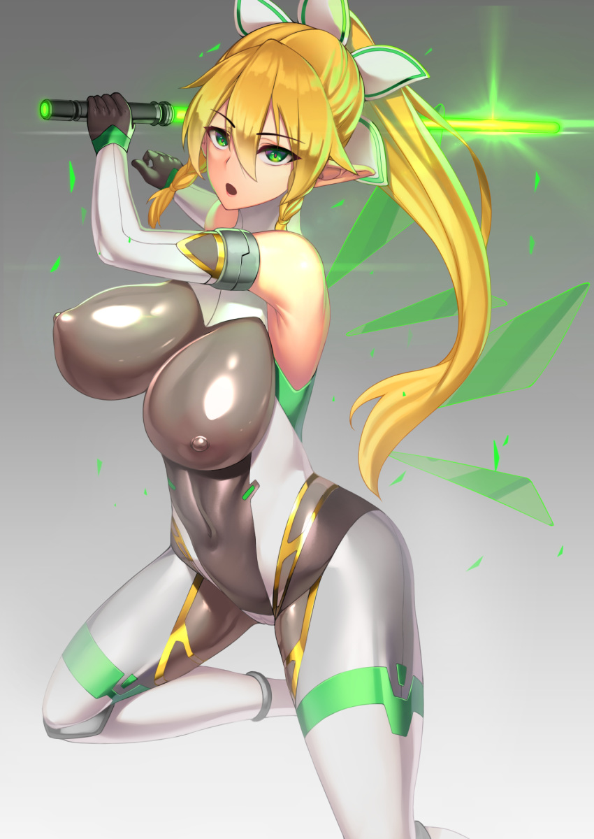1girl black_bodysuit blonde_hair bodysuit breasts covered_navel green_eyes highres impossible_bodysuit impossible_clothes large_breasts leafa long_hair looking_at_viewer miyashiro_ryuutarou pointy_ears ponytail shiny shiny_clothes shiny_hair shiny_skin skin_tight solo sword sword_art_online taimanin_(series) taimanin_suit very_long_hair weapon