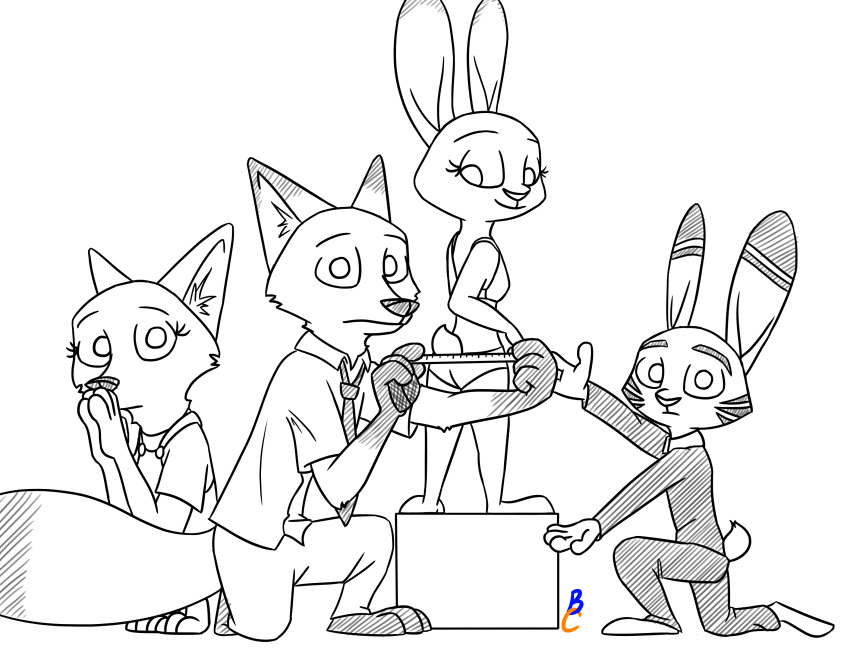 absurd_res ambiguous_gender anthro black_and_white bottomwear canid canine clothed clothing disney female fox fully_clothed group hi_res jack_savage judy_hopps kneeling lagomorph leporid mammal meme monochrome necktie nick_wilde pants rabbit shirt simple_background skye_(zootopia) theblueberrycarrots topwear white_background zootopia