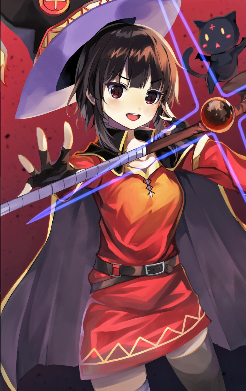 1girl absurdres bandages belt black_hair black_legwear blush breasts brown_hair cape cat chomusuke collarbone commentary_request dress eyebrows_visible_through_hair fingerless_gloves gloves hat highres holding kono_subarashii_sekai_ni_shukufuku_wo! looking_at_viewer megumin open_mouth otokura_ringo red_dress red_eyes short_hair single_thighhigh smile solo staff thighhighs witch_hat