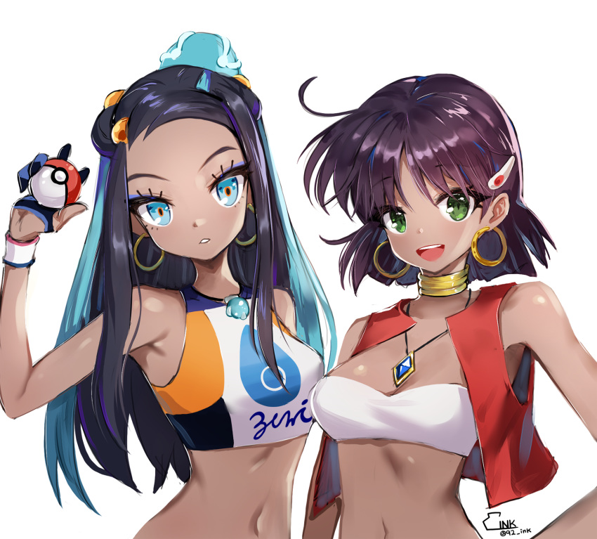 ankkoyom bandeau bare_shoulders blue_eyes blue_hair bob_cut breasts cleavage commentary_request dark_skin earrings fushigi_no_umi_no_nadia gloves green_eyes gym_leader hair_ornament hairclip highres hoop_earrings jewelry long_hair looking_at_viewer midriff multicolored_hair multiple_girls nadia navel neck_ring necklace open_mouth poke_ball pokemon pokemon_(game) pokemon_swsh purple_hair rurina_(pokemon) short_hair simple_background smile strapless tubetop vest white_background