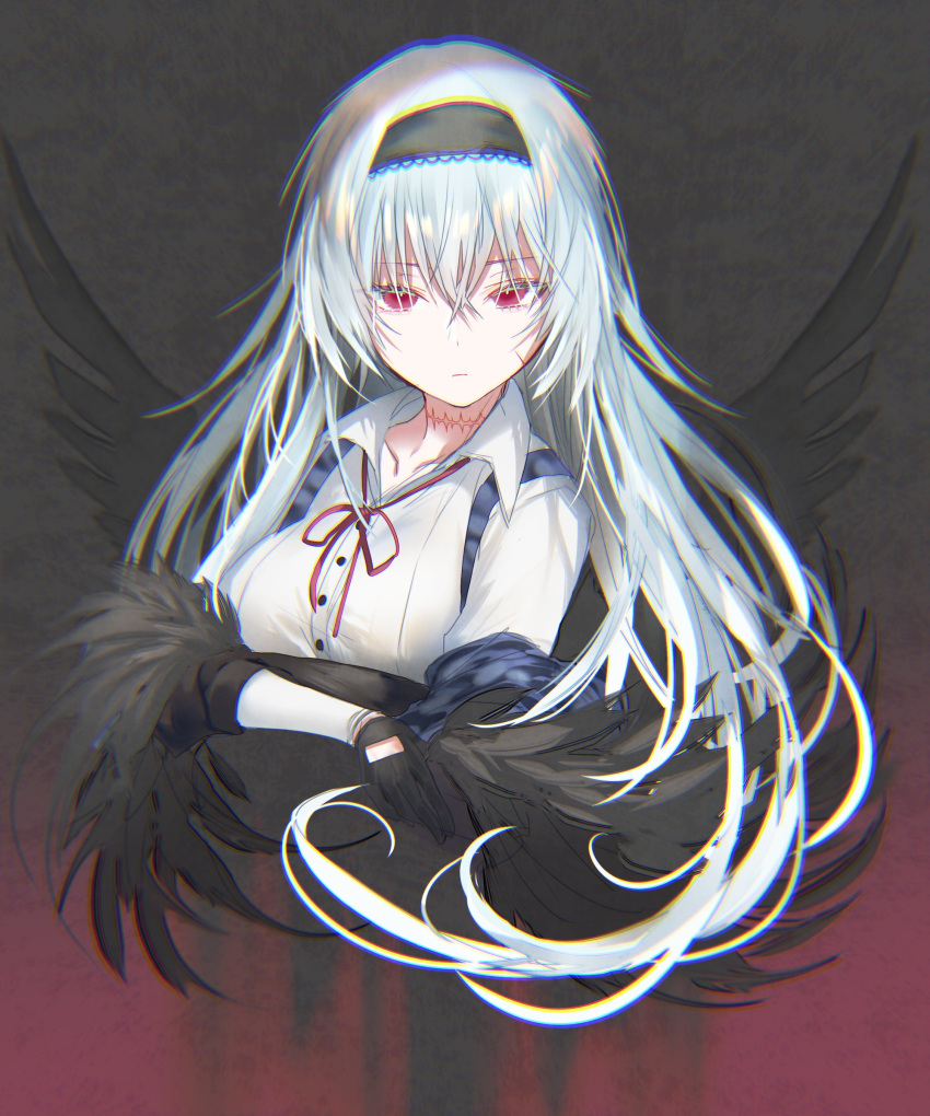 1girl absurdres black_gloves chromatic_aberration commentary_request cropped_torso crossed_arms facial_scar girls_frontline gloves hair_between_eyes highres long_hair looking_at_viewer neck_ribbon neck_scar pottsness red_eyes red_ribbon ribbon scar scar_on_cheek shirt solo thunder_(girls_frontline) white_hair white_shirt