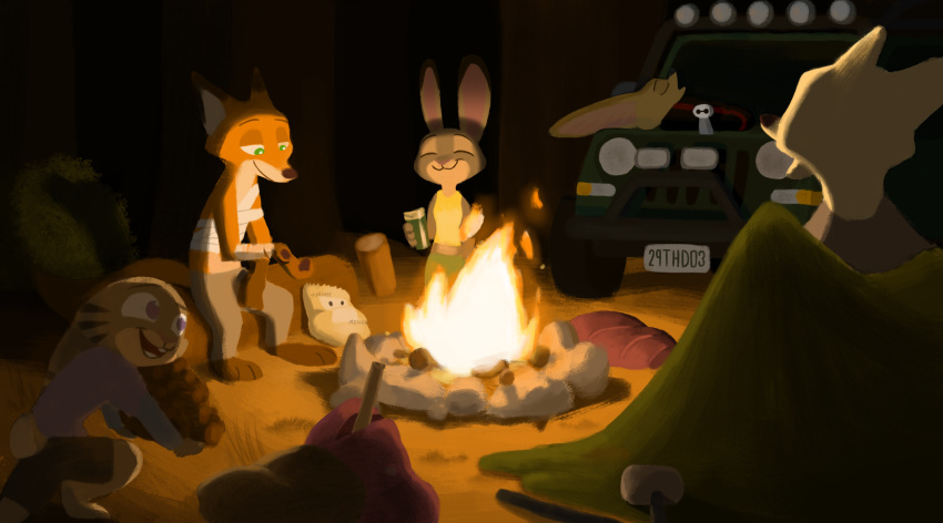 absurd_res ambiguous_gender anthro bandage buckteeth campfire canid canine clothing detailed_background disney eyes_closed facial_markings female fennec finnick fox green_eyes group head_markings hi_res jack_savage judy_hopps lagomorph leporid light lighting looking_at_another mammal markings nick_wilde night open_mouth open_smile rabbit shadow skye_(zootopia) sleeping smile teeth tent theblueberrycarrots truck vehicle zootopia