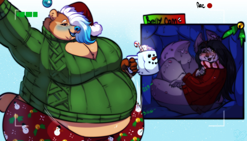 2020 5_fingers absurd_res anthro belly big_belly big_breasts big_tail biped black_claws black_hair blue_background blue_hair blue_nose blue_tongue blush bodily_fluids bottomwear boxgoat breasts brown_bear brown_body brown_fur camera_view canid canine canis cheek_tuft christmas claws cleavage clothed clothing countershade_torso countershading cramped cup cutaway digital_drawing_(artwork) digital_media_(artwork) duo english_text eyebrows facial_piercing facial_tuft fangs female female_pred female_prey fingers fluffy fluffy_tail front_view fur gradient_background green_clothing green_sweater green_text green_topwear grey_body grey_fur hair hair_over_eye half-closed_eyes hat headgear headwear hi_res highlights_(coloring) holding_object holidays holly_(plant) huge_breasts inner_ear_fluff internal larger_female lip_piercing long_hair looking_at_viewer looking_up lying mammal mangoicy_(character) multicolored_body multicolored_fur narrowed_eyes on_back one_eye_closed one_eye_obstructed open_mouth open_smile oral_vore orb overweight overweight_female pants piercing plant recording red_bottomwear red_clothing red_eyes red_pants red_sweater red_topwear santa_hat scarf side_view simple_background size_difference small_tail smaller_female smile soft_vore sound_effects standing stomach stomach_acid story story_in_description sweater tan_body tan_countershading tan_fur teeth text three-quarter_view tongue topwear tuft ursid ursine vore wet white_background white_eyebrows white_hair wolf