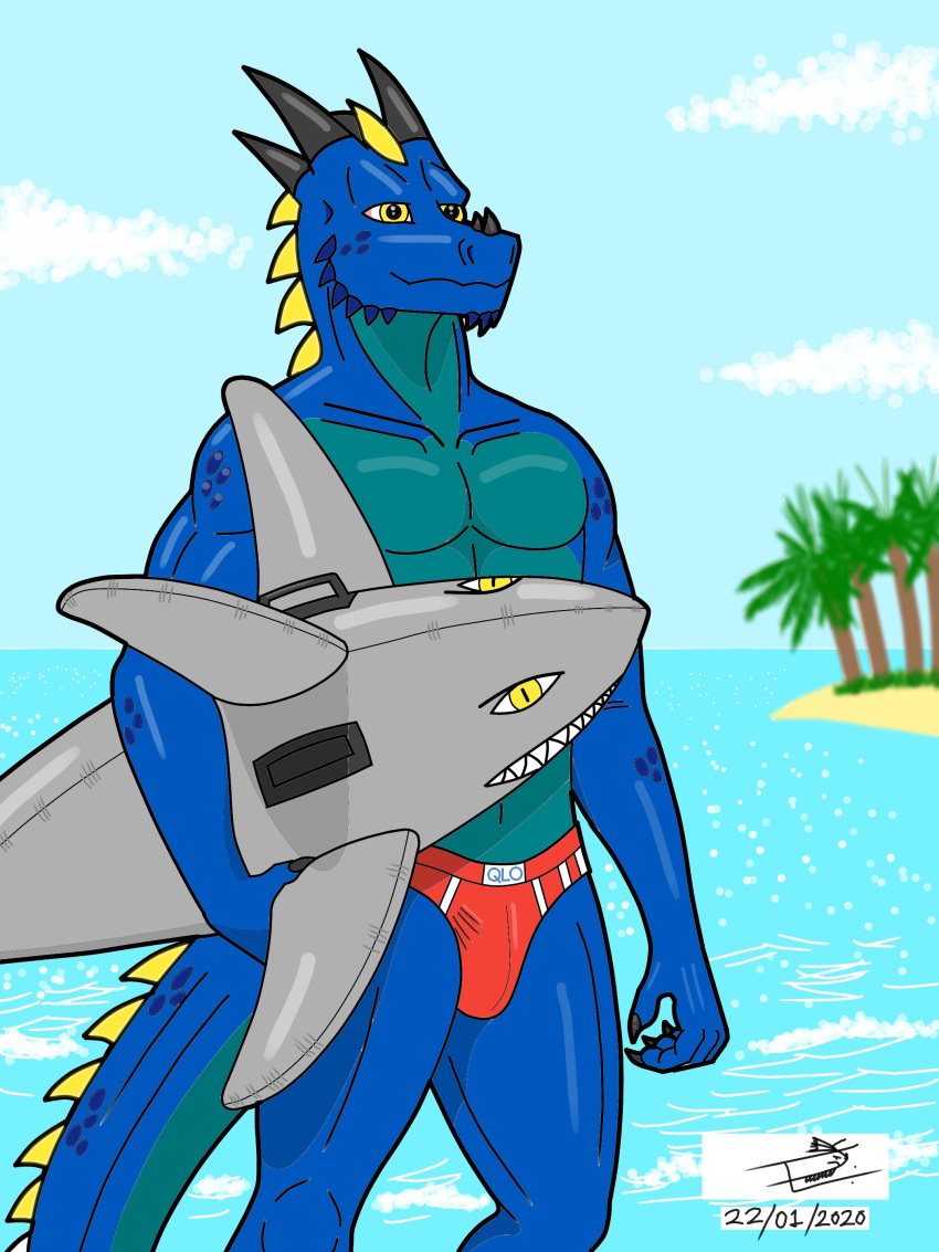 absurd_res anthro beach clothed clothing dragon drakonishimurasan fish hi_res inflatable male marine muscular muscular_male seaside shark solo speedo swimwear topless