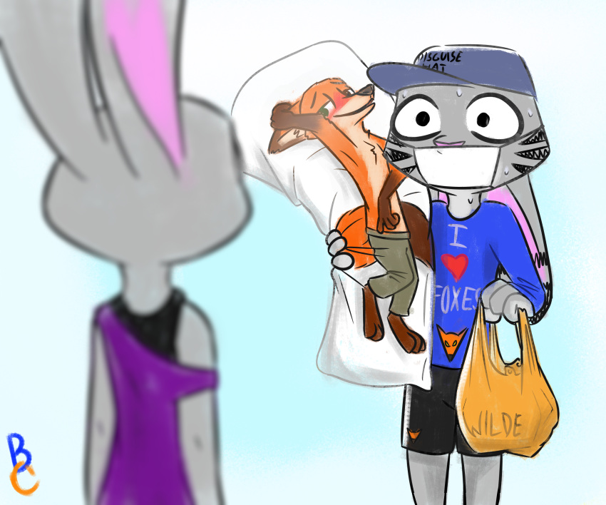 2019 ambiguous_gender anthro bodily_fluids body_pillow bottomwear canid canine clothed clothing disney duo ear_markings facial_markings fox fully_clothed grey_body hat head_markings headgear headwear hi_res holding_object jack_savage judy_hopps lagomorph leporid looking_at_another mammal markings nick_wilde pillow rabbit shirt shorts solo_focus sweat sweatdrop t-shirt theblueberrycarrots topwear zootopia