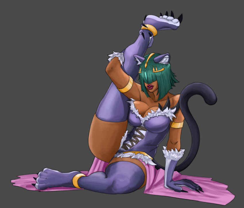animal_humanoid breasts cleavage clothed clothing felid felid_humanoid feline feline_humanoid female fur green_hair hair hair_over_eyes hi_res humanoid konami lipstick lunalight_panther_dancer makeup mammal mammal_humanoid pantherine purple_body purple_fur short_hair stretching thick_thighs unknown_artist yu-gi-oh