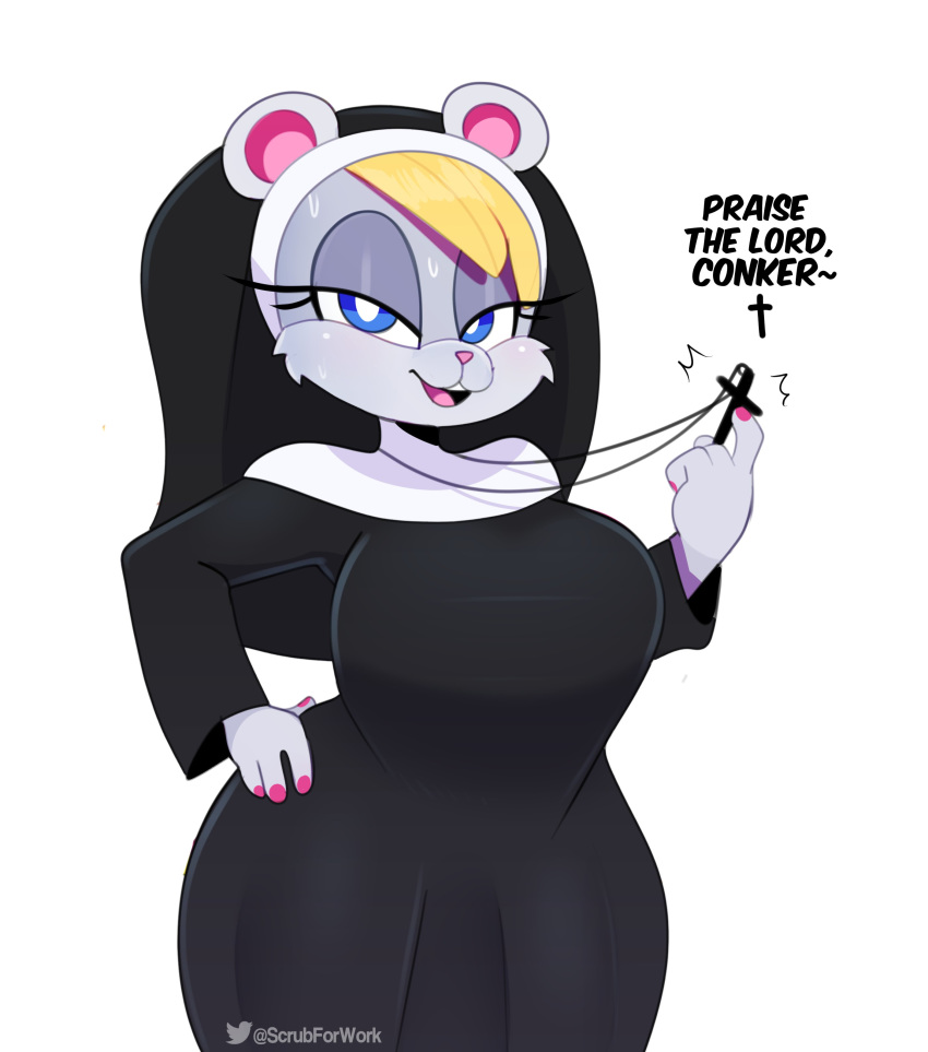 2019 4_fingers absurd_res anthro bangs berri big_breasts big_eyes biped black_clothing black_dress black_headwear blonde_hair blue_eyes bodily_fluids breasts clothed clothing colored_nails conker's_bad_fur_day dialogue dress english_text eyelashes female fingers front_view fully_clothed fur grey_body grey_fur ground_squirrel hair half-closed_eyes headgear headwear hi_res jewelry looking_at_viewer mammal nails narrowed_eyes necklace nun offscreen_character open_mouth open_smile pale_fur pink_nails pink_nose portrait rareware rodent sciurid signature simple_background smile somescrub standing sweat text three-quarter_portrait twitter video_games white_background white_pupils wide_hips