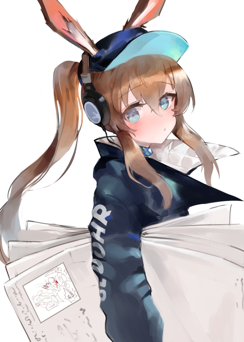 1girl amiya_(arknights) animal_ear_fluff animal_ears arknights bangs black_jacket blue_eyes blue_headwear blush brown_hair bunny_ears carrying_under_arm commentary_request dokomon ears_through_headwear eyebrows_visible_through_hair flat_cap hair_between_eyes hat headphones highres jacket korean_commentary korean_text long_hair long_sleeves looking_at_viewer looking_to_the_side open_clothes open_jacket parted_lips ponytail sidelocks solo translation_request very_long_hair white_background