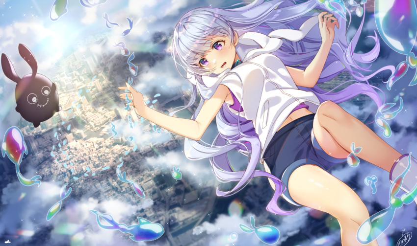 clouds long_hair navel nonomaro purple_eyes shorts tagme_(character) tenki_no_ko