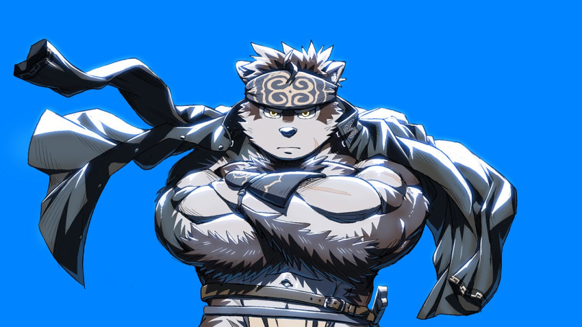 16:9 2018 anthro bearwivme blue_background brown_body brown_fur canid canine canis coat_cape fur grey_body grey_fur hair horkeukamui male mammal multicolored_body multicolored_fur muscular muscular_male simple_background solo tokyo_afterschool_summoners two_tone_body two_tone_fur video_games wolf yellow_eyes