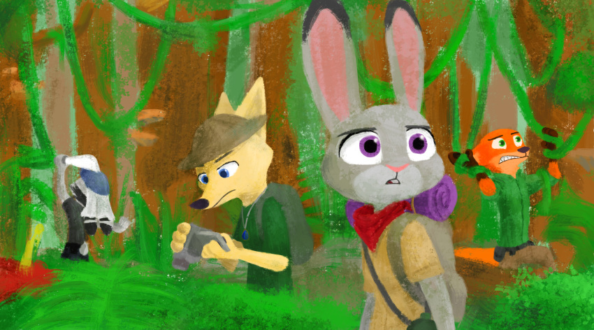 2019 absurd_res ambiguous_gender anthro blue_eyes camera canid canine clothed clothing dipstick_ears disney ear_markings facial_markings fox fully_clothed fur green_eyes grey_body grey_fur group hat head_markings headgear headwear hi_res holding_object jack_savage jewelry judy_hopps jungle lagomorph leporid mammal markings multicolored_ears necklace nick_wilde orange_body orange_fur pink_nose purple_eyes rabbit red_fox skye_(zootopia) tan_body tan_fur theblueberrycarrots tree vines zootopia