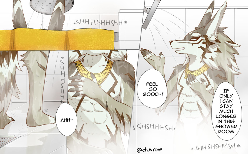 16:10 abs athletic athletic_male canid canine canis chuurow comic english_text hi_res jackal male mammal nude seth_(tas) shower_room showering text tokyo_afterschool_summoners video_games