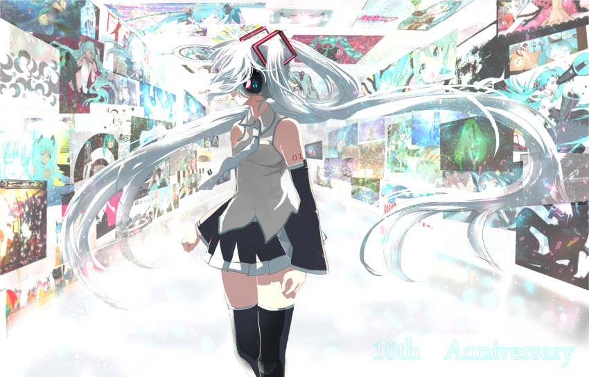 1girl 39_music_(vocaloid) absurdres apple bare_shoulders belt black_legwear black_rock_shooter black_skirt black_sleeves blue_neckwear clenched_hands closed_eyes commentary common_world_domination_(vocaloid) detached_sleeves dog doremifa_rondo_(vocaloid) feet_out_of_frame food fruit ghost_rule_(vocaloid) grey_shirt hachune_miku hair_ornament hallway hand_in_hand_(vocaloid) hat hatsune_miku headphones headset heart_a_la_mode_(vocaloid) hibikase_(vocaloid) highres holding holding_food holding_fruit holding_megaphone ievan_polkka_(vocaloid) koi_wa_sensou_(vocaloid) last_night_good_night_(vocaloid) light_blue_hair long_hair looking_back megaphone melt_(vocaloid) miniskirt necktie nightgown odds_&amp;_ends_(vocaloid) redial_(vocaloid) ren'ai_saiban_(vocaloid) rolling_girl_(vocaloid) romeo_to_cinderella_(vocaloid) rou_beeswax sekiranun_graffiti_(vocaloid) shinkai_shoujo_(vocaloid) shirt shoulder_tattoo silhouette skirt sleeveless sleeveless_shirt solo song_request songover standing strobe_nights_(vocaloid) suna_no_wakusei_(vocaloid) tattoo tell_your_world_(vocaloid) thighhighs twintails very_long_hair vocaloid world_is_mine_(vocaloid) zettai_ryouiki