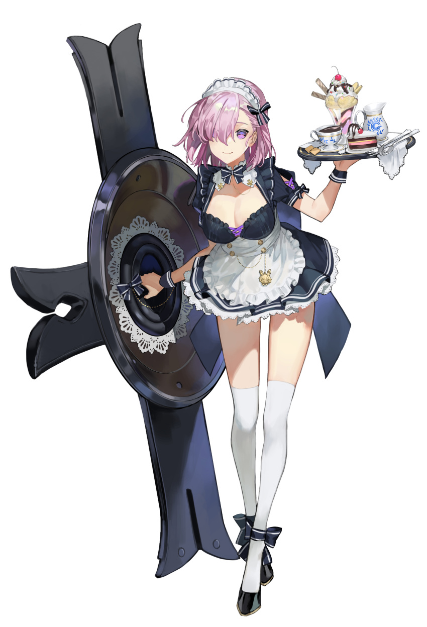 1girl absurdres alternate_costume ankle_ribbon apron bangs black_dress black_footwear bow breasts buttons cake chyoel cleavage coffee commentary cross-laced_clothes cup dress enmaided fate/grand_order fate_(series) food frills full_body hair_over_one_eye highres holding holding_shield holding_tray ice_cream jewelry lace large_breasts looking_at_viewer maid maid_apron maid_headdress mash_kyrielight no_pupils pendant pitcher puffy_sleeves purple_eyes purple_hair ribbon shield shoes short_hair short_sleeves simple_background skirt slice_of_cake smile solo standing sundae teacup thigh_gap thighhighs tray waist_apron white_background white_legwear wrist_cuffs