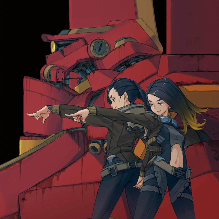 2girls back-to-back belt black_background black_hair bomber_jacket catsuit commentary commentary_request crop_top cropped_jacket earrings eyelashes goggles goggles_around_neck gradient_hair highres holding_hands jacket jewelry long_hair mecha multicolored_hair multiple_girls navel nc_empire_(circle) orange_eyes original outstretched_arm pants pointing_to_the_side pointy_ears ponytail robot simple_background stud_earrings
