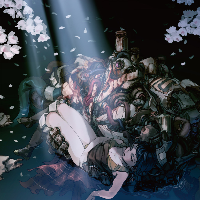 1girl black_background black_hair boots carrying cherry_blossoms closed_eyes commentary commentary_request cracked falling_petals full_body highres hose in_water knee_boots light_rays mecha nc_empire_(circle) original piston princess_carry ripples robot rust science_fiction short_hair solo tank_top thighs tube