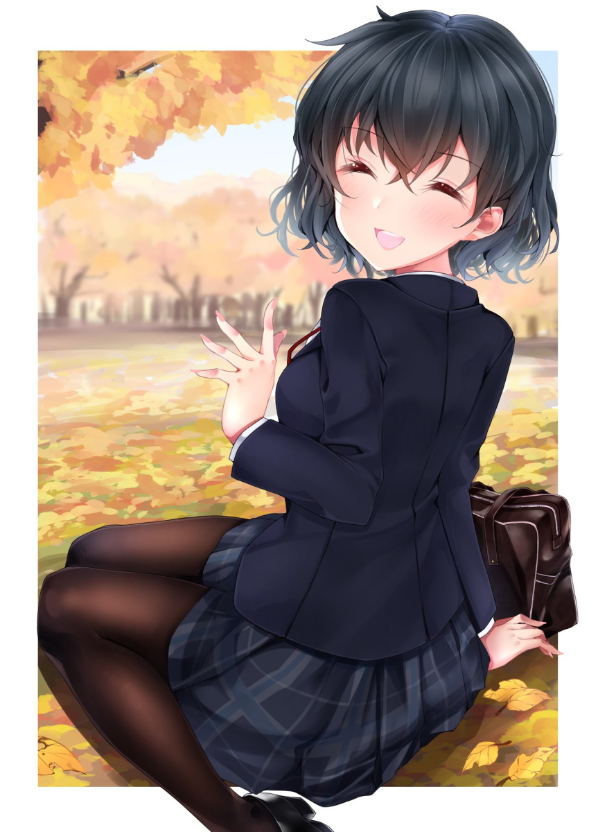 1girl alternate_costume autumn_leaves bag black_hair black_legwear blush commentary_request eyebrows_visible_through_hair highres kaban_(kemono_friends) kemono_friends kinou_no_shika leaf long_sleeves looking_at_viewer navy_blue_jacket no_hat no_headwear pantyhose plaid plaid_skirt pleated_skirt school_bag school_uniform short_hair sitting skirt solo tree wariza