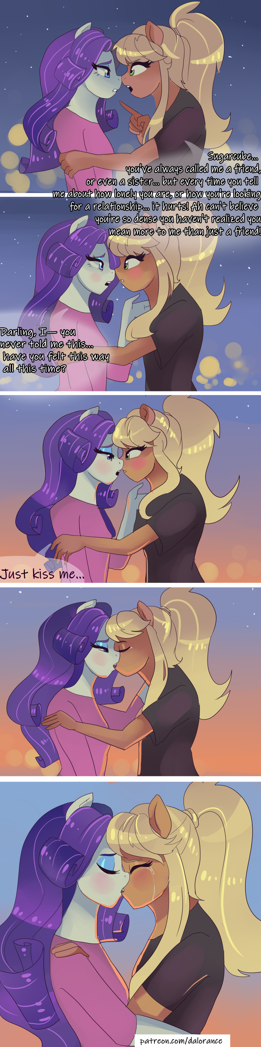 absurd_res applejack_(mlp) blush bodily_fluids breasts comic equid equine female female/female friendship_is_magic hi_res kissing mammal my_little_pony rarity_(mlp) superabsurd_res tears xjenn9