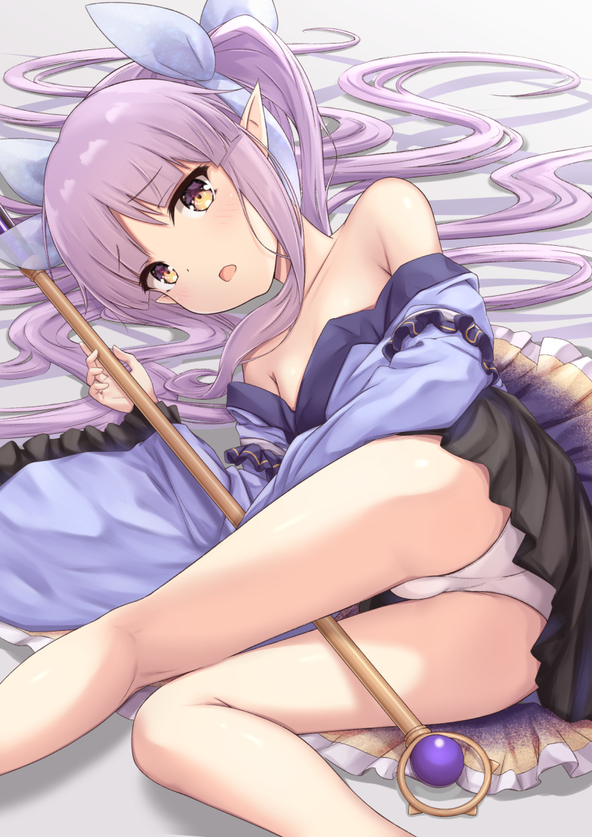 1girl ass bangs bare_shoulders black_skirt blush brown_eyes commentary_request eyebrows_visible_through_hair hair_ribbon highres hikawa_kyoka holding holding_staff long_hair long_sleeves looking_at_viewer lying off_shoulder on_side open_mouth panties pantyshot pointy_ears princess_connect! princess_connect!_re:dive purple_hair ribbon skirt solo staff thighs twintails underwear very_long_hair white_panties wide_sleeves y3010607