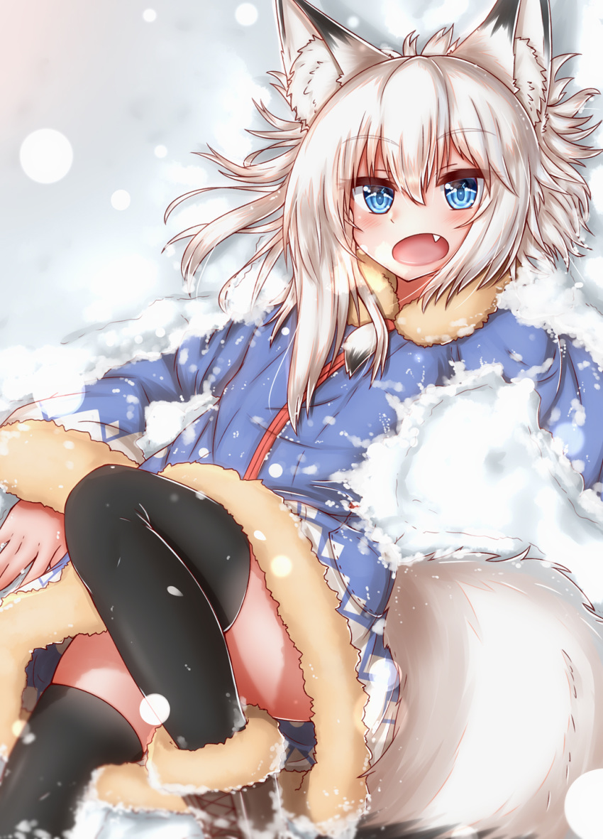 animal_humanoid black_ears blue_clothing blue_eyes blue_topwear canid canid_humanoid canine canine_humanoid clothed clothing cute_fangs dipstick_ears eyebrow_through_hair eyebrows female fur_collar hair hi_res horokusa0519 humanoid inner_ear_fluff mammal mammal_humanoid multicolored_ears open_mouth snow solo topwear translucent translucent_hair tuft two_tone_ears two_tone_tail