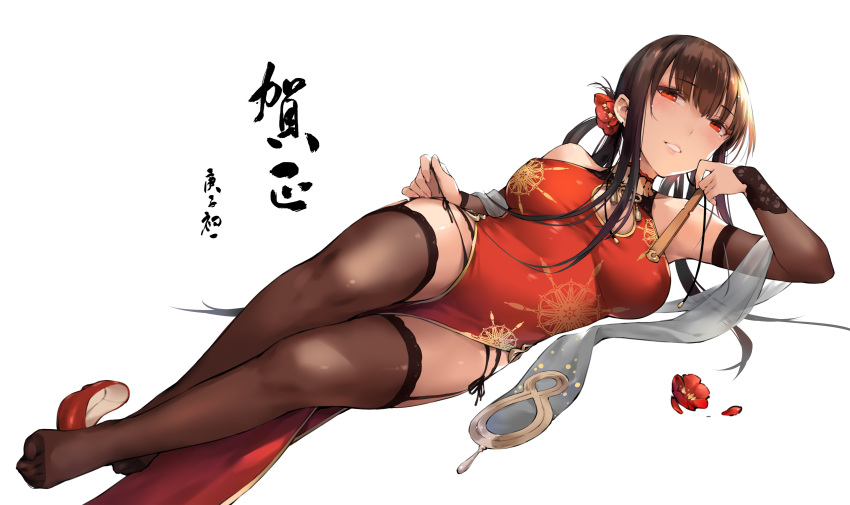 anthropomorphism black_hair breasts chinese_clothes chinese_dress dsr-50_(girls_frontline) girls_frontline long_hair red_eyes tagme_(artist) thighhighs