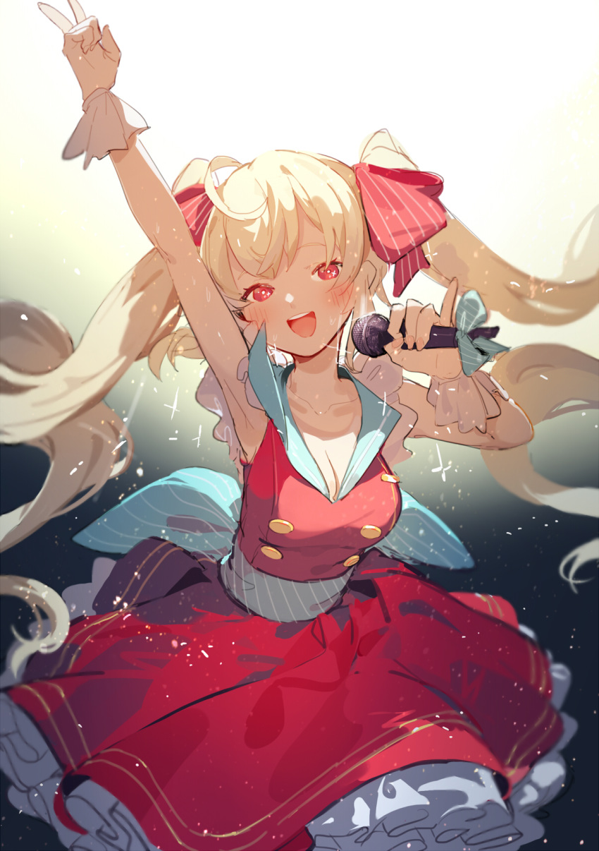 1girl arm_up armpits back_bow bangs blonde_hair blush bow breasts cleavage dress frilled_dress frills highres holding holding_microphone long_hair looking_at_viewer medium_breasts microphone nijisanji open_mouth pinky_out red_dress red_eyes sh_(562835932) smile solo takamiya_rion v very_long_hair virtual_youtuber