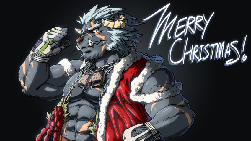 16:9 abs anthro bearwivme bell biceps black_body black_fur chain clothing felid fingerless_gloves fur gloves hair handwear krampus_(housamo) lion male mammal mane mane_hair muscular muscular_male pantherine pecs scar solo tokyo_afterschool_summoners video_games