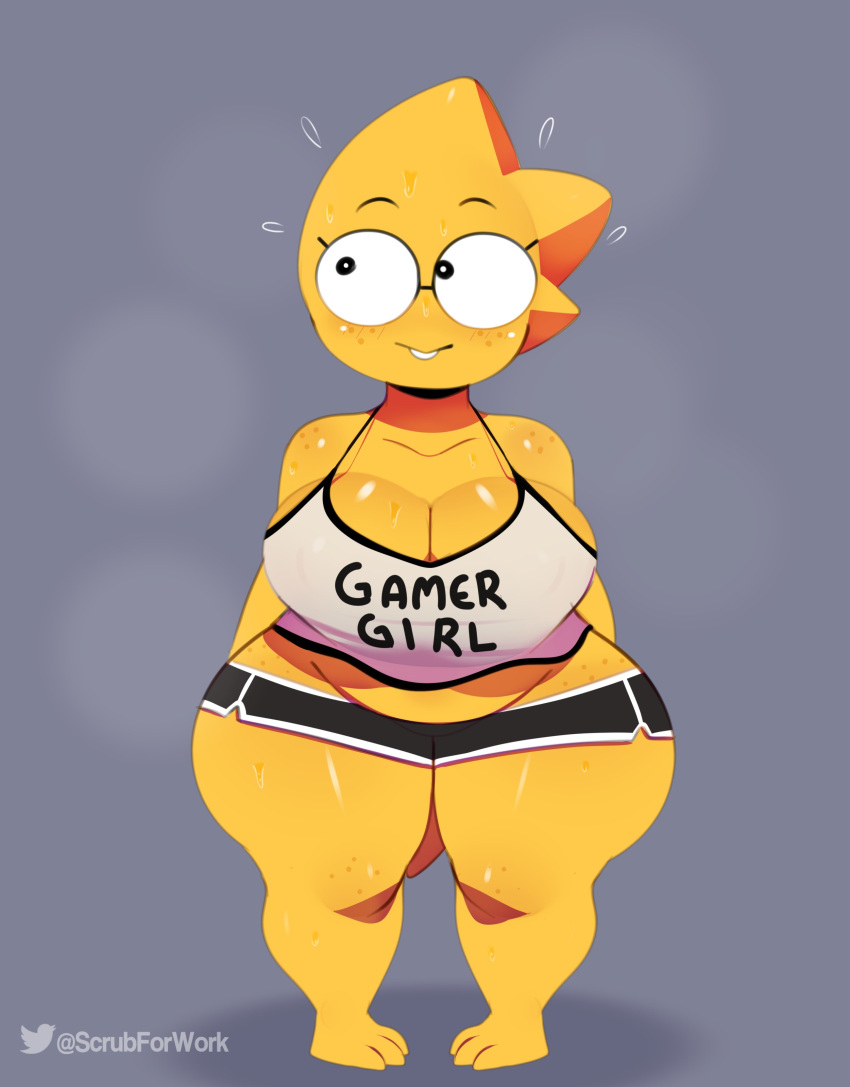 2019 3_toes absurd_res alphys anthro barefoot big_breasts big_eyes biped black_bottomwear black_clothing black_eyes black_shorts bodily_fluids bottomwear breasts buckteeth clothing english_text eyewear female freckles glasses grey_background hi_res looking_away midriff nervous noseless reptile scales scalie short_stack shorts simple_background slightly_chubby somescrub steam sweat teeth text thick_thighs toes topwear undertale video_games white_clothing white_pupils white_topwear wide_hips yellow_body yellow_scales