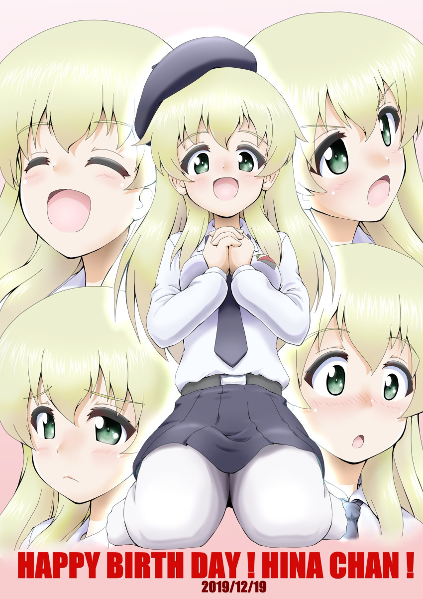 1girl :d :o anzio_school_uniform bangs belt beret black_belt black_headwear black_neckwear black_skirt blonde_hair carpaccio_(girls_und_panzer) character_name closed_eyes closed_mouth commentary_request dated daxz240r dress_shirt emblem english_text expressions eyebrows_visible_through_hair frown girls_und_panzer green_eyes hands_together happy_birthday hat highres interlocked_fingers long_hair long_sleeves looking_at_viewer miniskirt necktie no_shoes open_mouth pantyhose pleated_skirt school_uniform shirt sitting skirt smile wariza white_legwear white_shirt