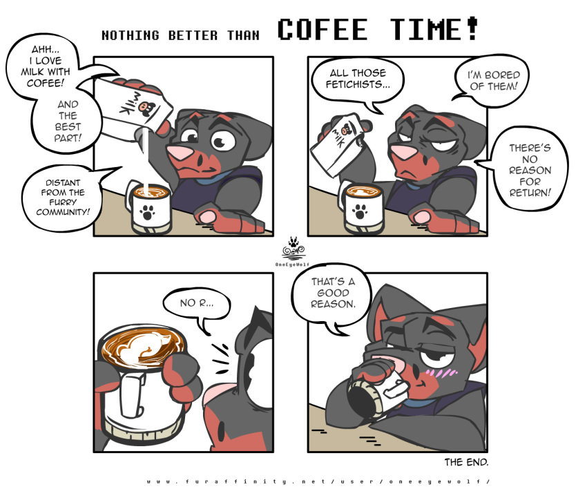 animal_genitalia animal_penis anthro beverage canid canine canine_penis canis coffee comic dobermann domestic_dog drinking furrythings genitals hi_res humor insinuation male mammal nonsense oneeyewolf oneeyewolf_(artist) parody penis pinscher sexy_face what