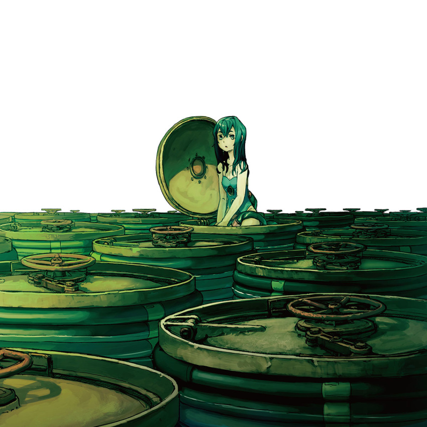 1girl barrel commentary cowboy_shot dripping drum_(container) flat_chest green_eyes green_hair highres hinge hose leotard long_hair looking_at_viewer nc_empire_(circle) original simple_background solo thick_eyebrows wet wet_hair wheel_crank white_background