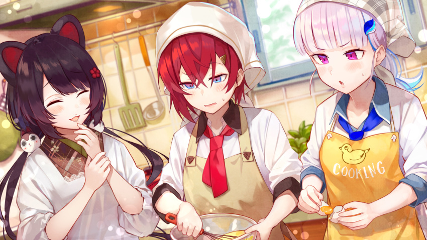 3girls ange_katrina animal_ears apron bangs black_hair blue_eyes blue_hair blunt_bangs blush bowl brat closed_eyes cooking day dog_ears dog_hair_ornament dutch_angle egg fang head_scarf holding holding_bowl holding_whisk indoors inui_toko kitchen ladle lize_helesta long_hair long_sleeves multiple_girls nijisanji open_mouth purple_eyes red_hair red_neckwear sebastian_piyodore short_hair skin_fang smile spatula sweat symbol_commentary upper_body virtual_youtuber whisk window yolk