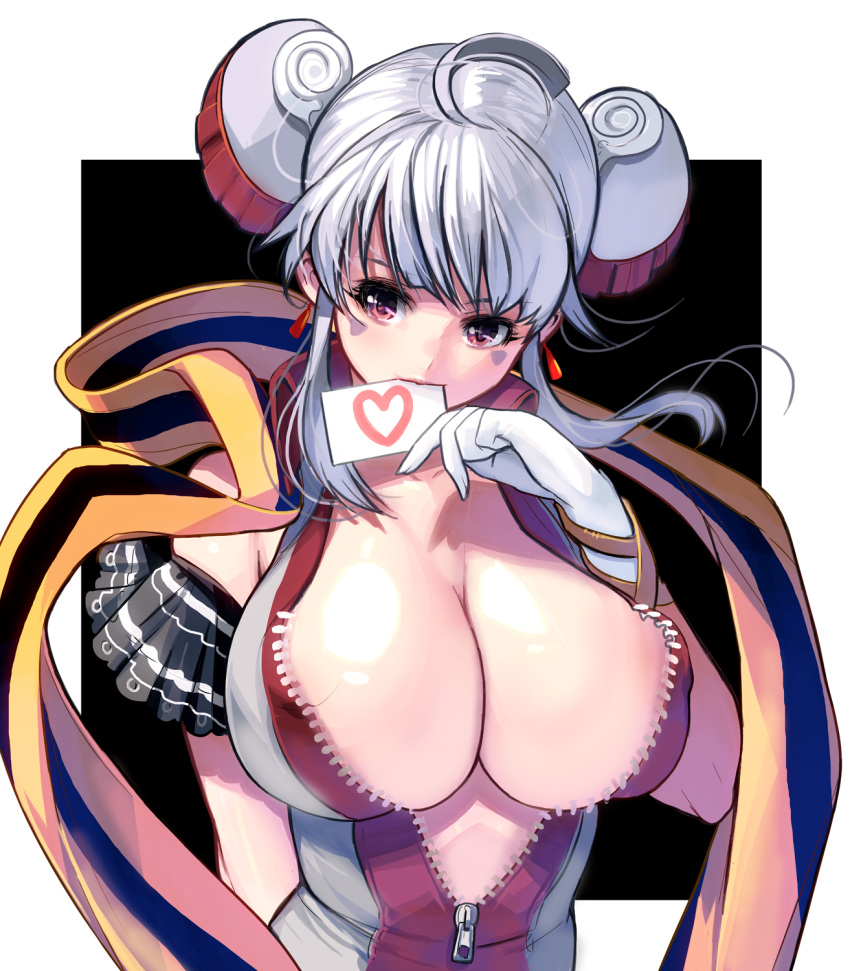 1girl ahoge blush breasts center_opening cleavage collarbone earrings facial_mark gloves heart highres horns huge_breasts jewelry looking_at_viewer masao mouth_hold original paper purple_eyes revision short_hair sidelocks silver_hair simple_background solo white_background white_gloves zipper