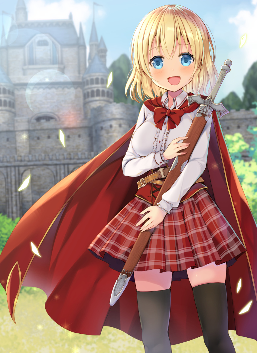 1girl bangs black_legwear blonde_hair blue_eyes blush bow breasts cape castle commentary_request day eyebrows_visible_through_hair highres holding holding_sword holding_weapon large_breasts long_sleeves mori_airi open_mouth original outdoors red_bow red_cape red_skirt skirt smile solo sword thighhighs weapon