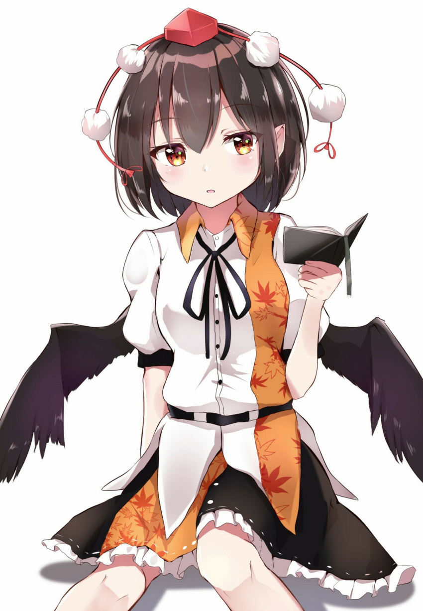 1girl :o arm_up belt bird_wings black_neckwear black_ribbon black_skirt black_wings breasts brown_hair commentary_request eyebrows_visible_through_hair feet_out_of_frame hair_between_eyes hat head_tilt highres holding_notebook iyo_(ya_na_kanji) looking_at_viewer notebook outstretched_leg parted_lips partial_commentary petticoat pointy_ears pom_pom_(clothes) puffy_short_sleeves puffy_sleeves red_eyes red_headwear ribbon shadow shameimaru_aya shirt short_hair short_sleeves sitting skirt small_breasts solo tokin_hat touhou two-tone_shirt untucked_shirt wings