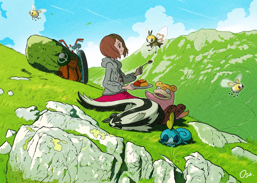 1girl backpack bag bicycle blue_sky boots brown_footwear brown_hair curry cutiefly dress eating food galarian_linoone galarian_slowpoke gen_7_pokemon gen_8_pokemon grass grey_cardigan ground_vehicle hat hat_removed headwear_removed highres hood hood_down leaves_in_wind mountain mountainous_horizon oshiruko_(oshiruko_s2) pink_dress plate pokemon pokemon_(creature) pokemon_(game) pokemon_swsh ribombee rock short_hair sitting sky sleeping smile sobble spoon tam_o'_shanter wind yuuri_(pokemon)