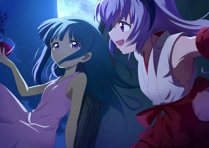 2girls absurdres arm_up armpits blue_hair breasts cloud commentary_request cup detached_sleeves dress drinking_glass full_moon furude_rika hakama hakama_pants hanyuu highres higurashi_no_naku_koro_ni holding horns indoors japanese_clothes long_hair miko moon multiple_girls night night_sky no_bra no_panties open_mouth outstretched_arms pink_dress purple_eyes purple_hair red_sleeves shirowa shirt sideboob sitting sky small_breasts smile sundress white_shirt wind window