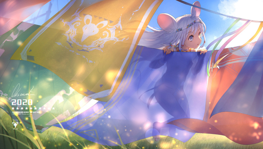 1girl 2020 animal_ears cloud flag headband kneeling long_hair mouse_ears mouse_tail nude observerz open_mouth original outdoors see-through see-through_silhouette silver_eyes silver_hair sky solo tail wind