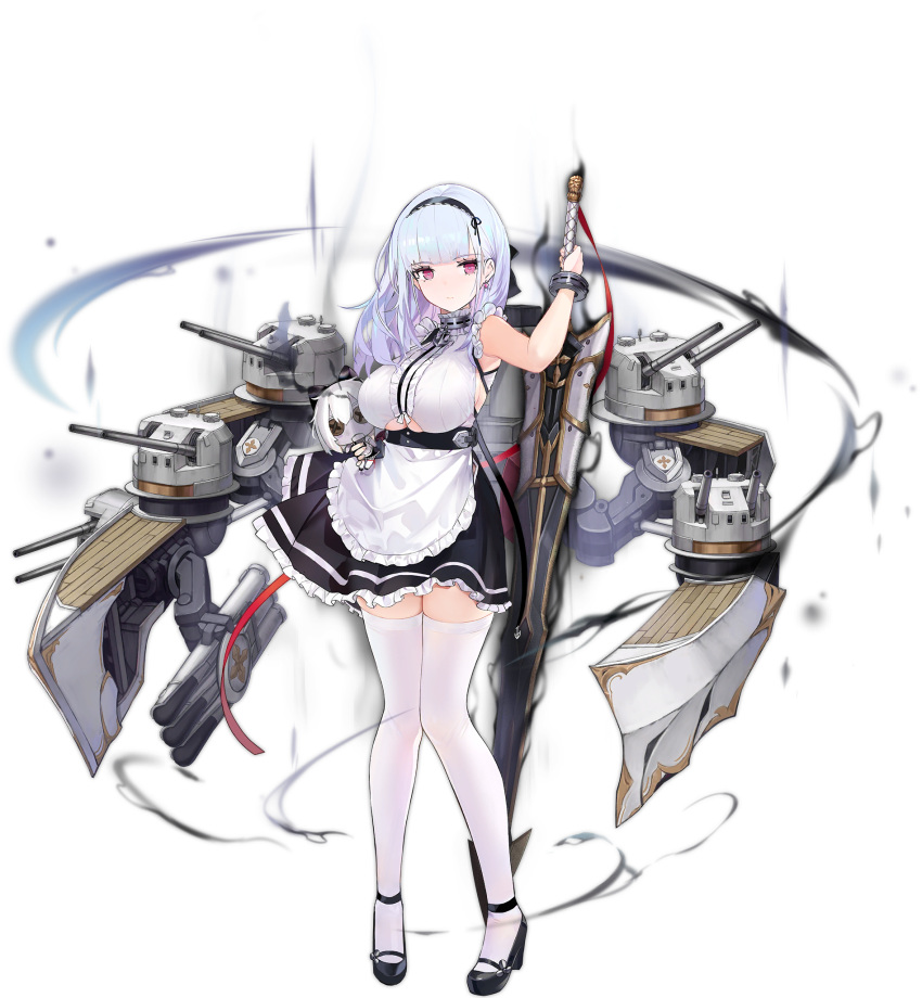 1girl anchor_choker apron azur_lane breasts character_doll choker dido_(azur_lane) doll earrings frilled_choker frills full_body highres jewelry kinven lace-trimmed_hairband large_breasts long_hair looking_at_viewer maid maid_apron official_art purple_eyes red_ribbon ribbon rigging silver_hair stuffed_toy sword thighhighs transparent_background underboob underboob_cutout waist_apron weapon white_apron