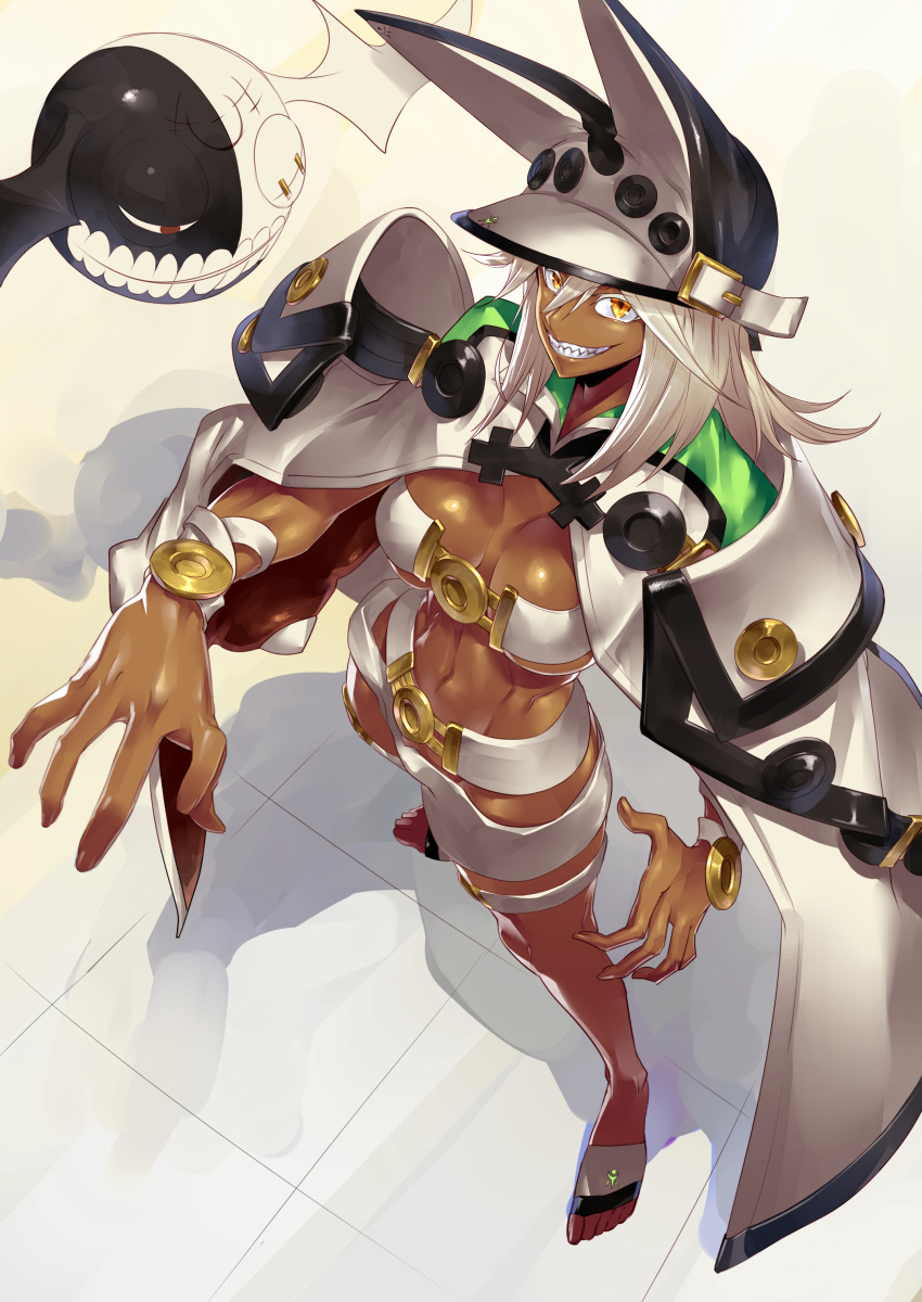 1girl absurdres beltbra breasts cape dark_skin feet guilty_gear guilty_gear_xrd hat highres ippo long_hair looking_at_viewer navel orange_eyes ramlethal_valentine short_shorts shorts thigh_strap white_hair