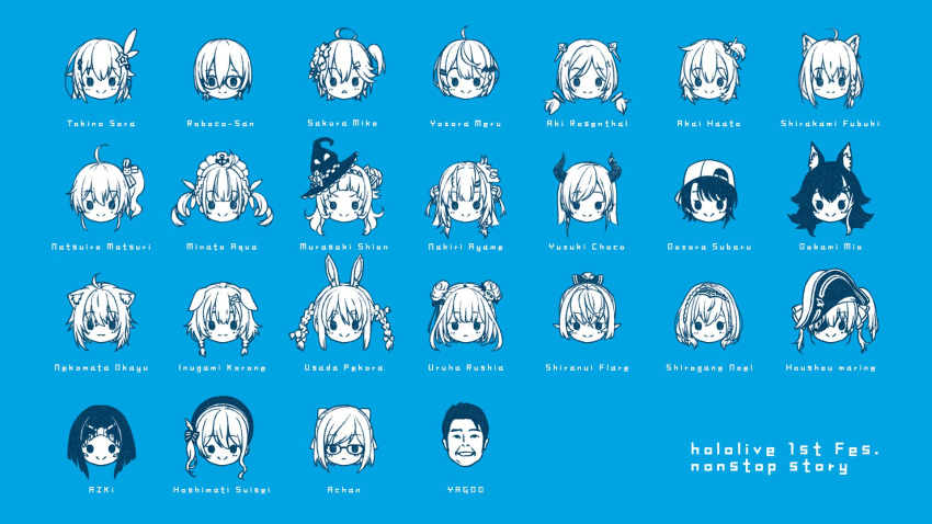 1boy 6+girls ahoge akai_haato aki_rosenthal animal_ears ankimo_(tokino_sora_channel) azki_(hololive) azki_channel blue_background blue_theme blush bunny_ears cat_ears character_name chibi closed_mouth copyright_name detached_hair dog_ears fox_ears hair_between_eyes hat head highres hololive hoshimachi_suisei houshou_marine inugami_korone kanzaki_hiro looking_at_viewer minato_aqua monochrome multiple_girls murasaki_shion nakiri_ayame natsuiro_matsuri nekomata_okayu official_art oni_horns ookami_mio oozora_subaru pirate_hat roboco-san roboco_ch. rosen-tai sakura_miko shirakami_fubuki shiranui_flare shirogane_noel simple_background smile suisei_channel tokino_sora tokino_sora_channel twintails uruha_rushia usada_pekora virtual_youtuber wolf_ears yagoo yozora_mel yuujin_a_(tokino_sora_channel) yuzuki_choco