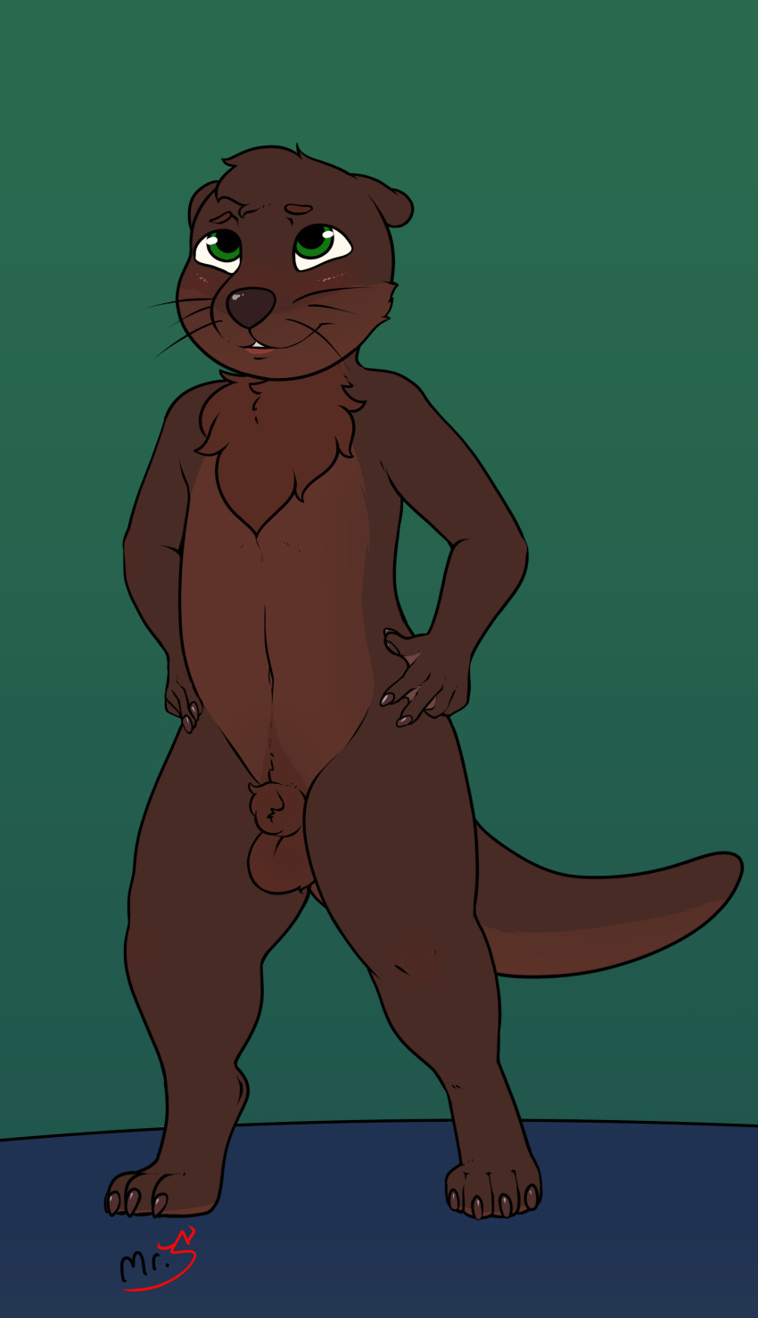 absurd_res anthro balls blush genitals hi_res lutrine male mammal mr.smile mustelid solo