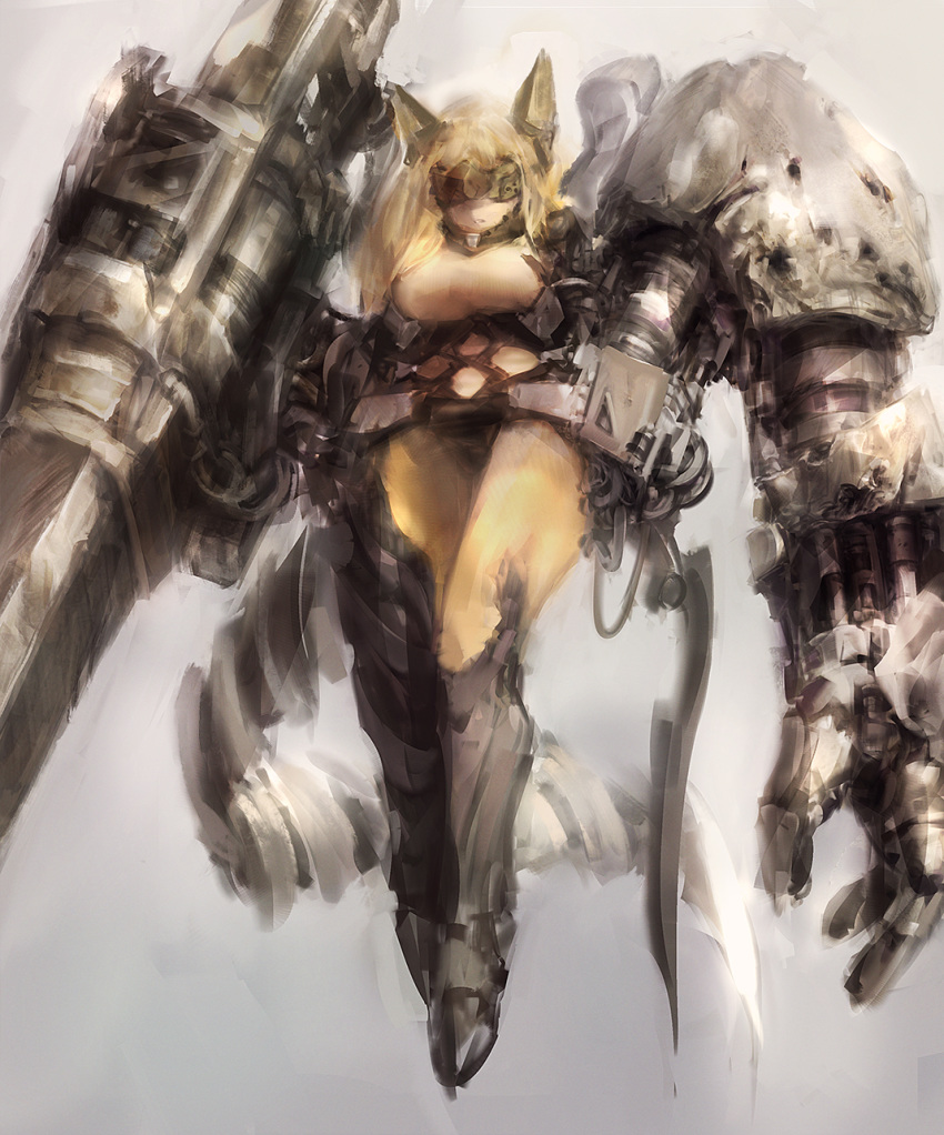 anthro blonde_hair breasts canid canine clothed clothing cybernetic_arm cybernetic_leg cybernetic_limbs cybernetic_tail cybernetics cyborg eiminsansan female floating fox hair hi_res levitation long_hair machine mammal melee_weapon oversized_weapon painting_(artwork) railgun ranged_weapon solo sword traditional_media_(artwork) visor weapon たまかけご
