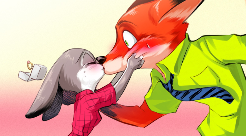 anthro anthro_on_anthro black_nose blush bodily_fluids canid canine clothed clothing digit_ring disney duo eyes_closed fox fur gradient_background green_eyes grey_body grey_fur hi_res jewelry judy_hopps kissing lagomorph leporid mammal necktie nick_wilde orange_body orange_fur rabbit red_fox ring shirt simple_background su_bb sweat sweatdrop tears topwear wedding_ring zootopia