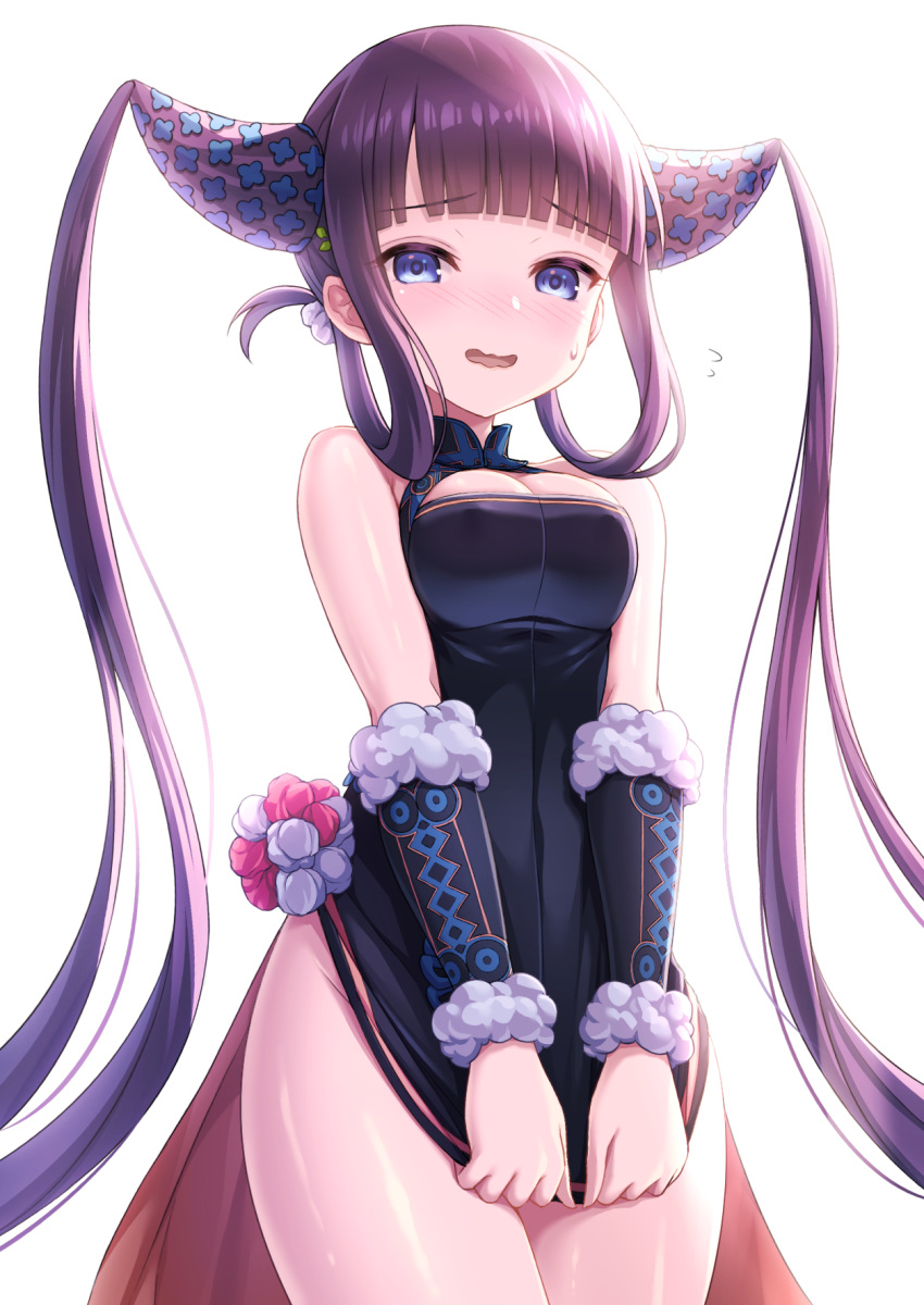 1girl bangs bare_shoulders black_dress blue_eyes blush breasts cleavage commentary_request covering covering_crotch dress dress_tug eyebrows_visible_through_hair fate/grand_order fate_(series) fur_trim groin hair_ornament hair_rings highres looking_at_viewer medium_breasts nose_blush open_mouth purple_hair short_dress simple_background solo tomo_(user_hes4085) twintails wavy_mouth white_background yang_guifei_(fate/grand_order)