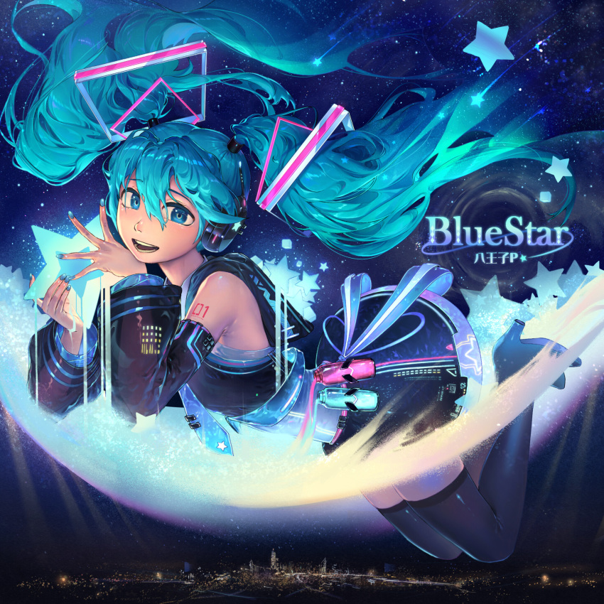 1girl aqua_eyes aqua_hair bangs blue_nails boots chinese_commentary city_lights commentary_request cytus detached_sleeves flying hatsune_miku headphones highres holding holding_star long_hair looking_at_viewer necktie night night_sky open_eyes open_mouth rubylovedraw sky skyline smile solo star tattoo thigh_boots thighhighs twintails very_long_hair vocaloid
