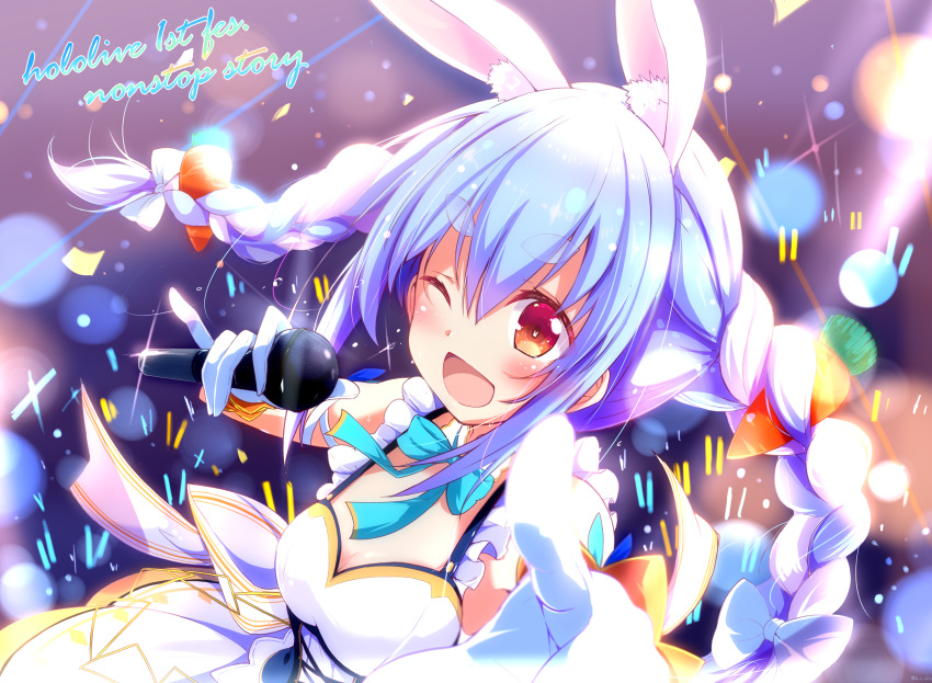 1girl animal_ear_fluff animal_ears aqua_neckwear bangs blue_hair bow braid breasts bunny_ears carrot_hair_ornament cleavage commentary_request dress english_text eyebrows_visible_through_hair food_themed_hair_ornament gloves hair_bow hair_ornament highres holding holding_microphone hololive idol long_hair medium_breasts microphone multicolored_hair music nanaume_(shichimi_tougarashi) neck_ribbon one_eye_closed open_mouth ribbon sidelocks singing sleeveless sleeveless_dress smile solo symbol-shaped_pupils thick_eyebrows twintails two-tone_hair upper_body usada_pekora virtual_youtuber white_dress white_gloves yellow_eyes