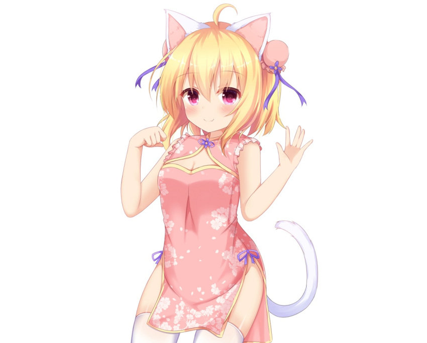 animal_ears blonde_hair blush catgirl chinese_clothes chinese_dress kedama_(kedama_akaza) original pink_eyes short_hair tail thighhighs white