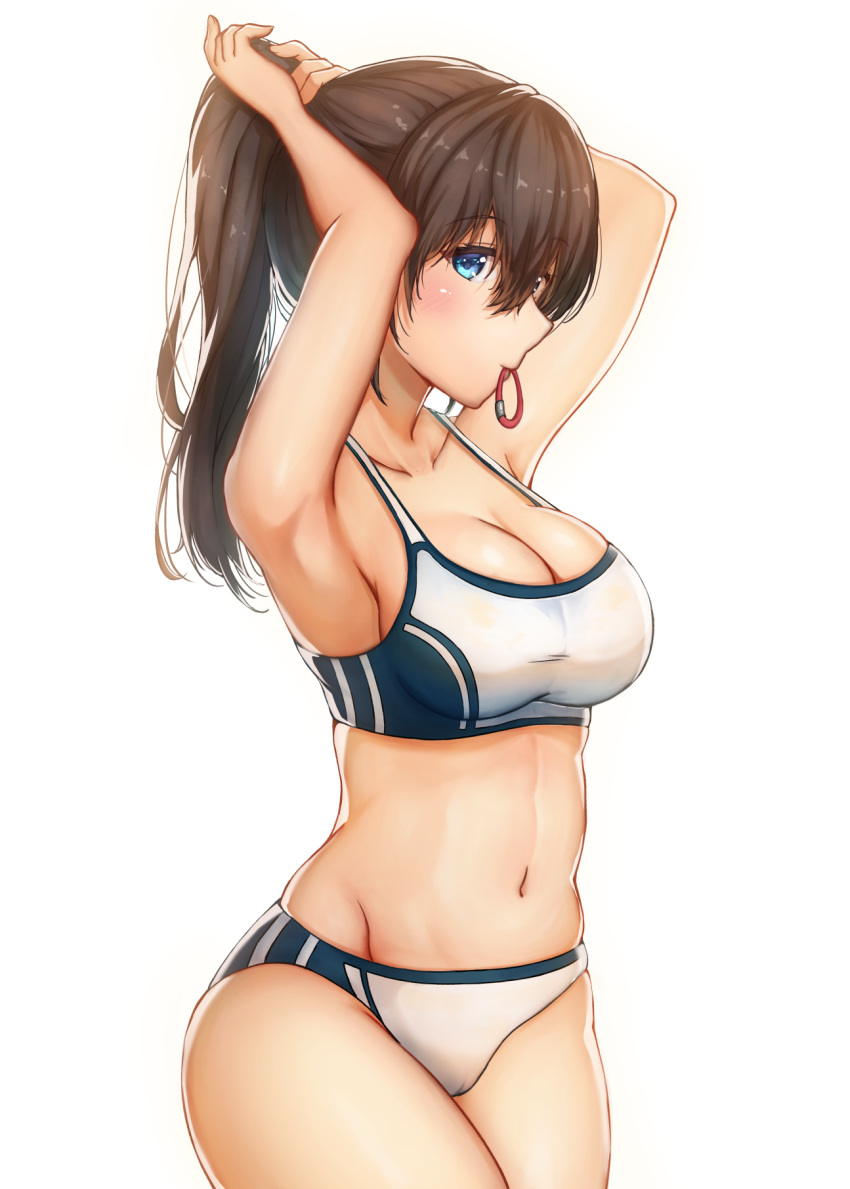 1girl aiban armpits arms_behind_head arms_up bangs bare_shoulders blue_eyes blush breasts brown_hair cleavage closed_mouth collarbone hair_between_eyes highres idolmaster idolmaster_cinderella_girls large_breasts long_hair looking_at_viewer mouth_hold navel sagisawa_fumika simple_background solo sports_bikini track_and_field tying_hair white_background