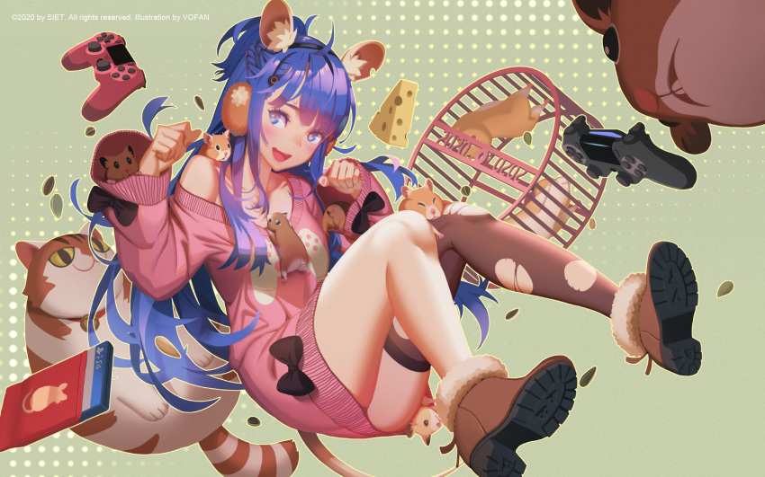 1girl artist_name black_legwear blue_eyes blue_hair blush boots breasts brown_footwear cat cheese collarbone company_name controller eyebrows_visible_through_hair food game_controller hamster_wheel high_heel_boots high_heels highres long_hair looking_at_viewer medium_breasts mouse open_mouth original pink_sweater single_thighhigh smile solo sweater thighhighs torn_clothes torn_legwear vofan